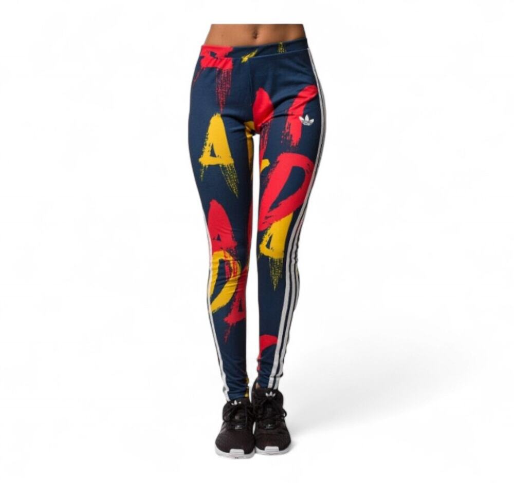 ADIDAS Paris Graphic Print Three Stripe Leggings Navy Red Yellow - Medium